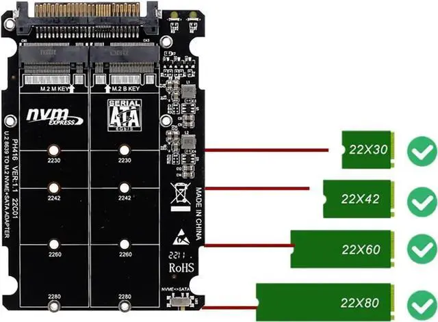 Alt view image 5 of 7 - PH416 M.2 NVMe PCIe 3.0 X4 to U.2 SFF8639 Adapter, 6Gbps SATA, 2.5" SSD, M-Key/B-Key, 2230 2242 2260 2280 (PH416PCBA)