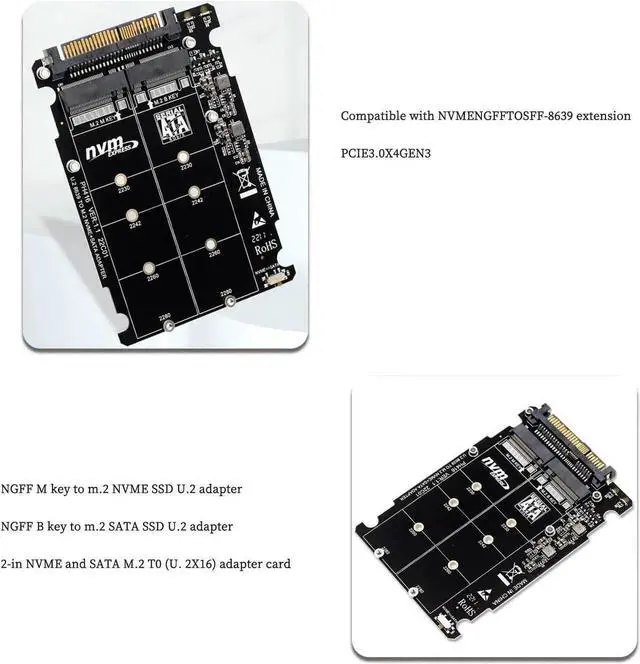 Alt view image 4 of 7 - PH416 M.2 NVMe PCIe 3.0 X4 to U.2 SFF8639 Adapter, 6Gbps SATA, 2.5" SSD, M-Key/B-Key, 2230 2242 2260 2280 (PH416PCBA)