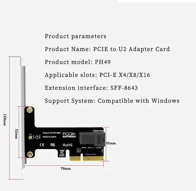 Alt view image 7 of 7 - PH49 PCIe 4.0 X4 to U.2 SFF-8643 Expansion Card, NVMe SSD Adapter with Half-Height Baffle