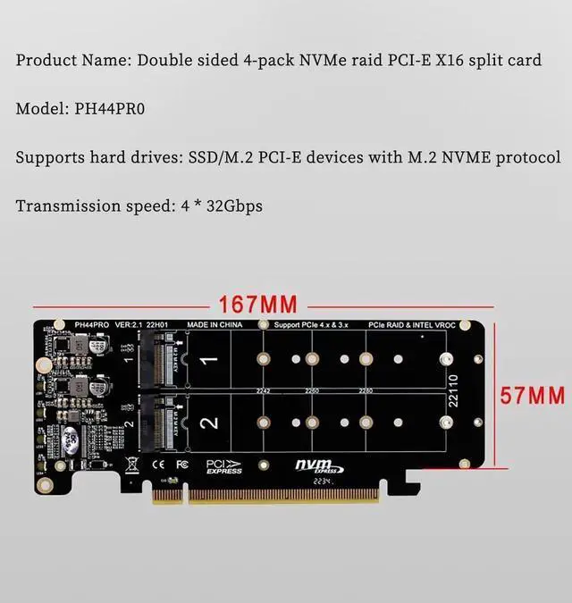 Alt view image 5 of 7 - PH44PRO Dual-Sided 4 M.2 M-Key NVMe to PCIe X16 Splitter Card, 4×32Gbps 2U Server RAID Expansion Adapter, Compatible with 2242 2260 2280 22110 SSD