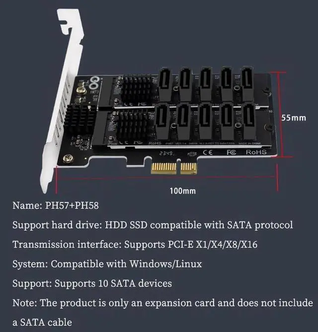 Alt view image 3 of 7 - PH58+PH57 PCIe 3.0 X1 to 10-Port SATA 6G Expansion Card, 6Gbps SATA Controller Adapter