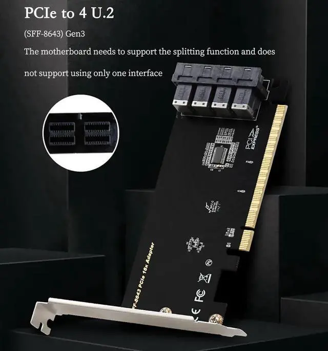 Alt view image 6 of 7 - PCIe 3.0 x16 to U.2 SFF-8643 NVMe Expansion Card, 4 Ports Adapter, Compatible with PCIe x8/x16 Slots