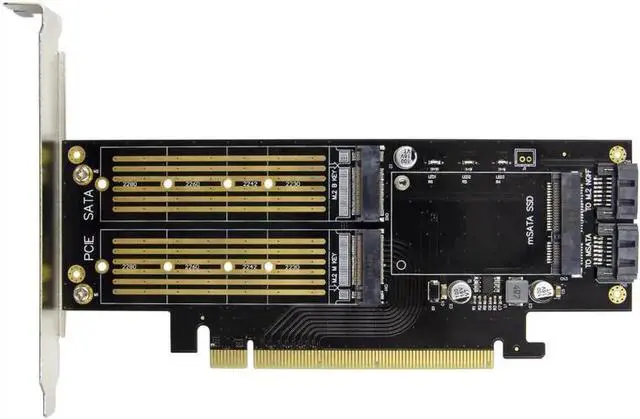 Alt view image 2 of 3 - 3-in-1 PCI-E 3.0 X16 Adapter Card, PCIe to NGFF M.2 NVMe/AHCI & mSATA SSD Converter, Dual SATA III Ports, Supports M Key & B Key