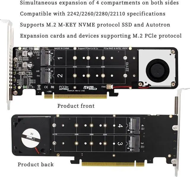 Alt view image 5 of 6 - PH44PLUS PCIe 4.0 x16 to 4×M.2 M-Key NVMe SSD RAID Expansion Card, 4-Port Splitter Adapter, 2U Server Ready