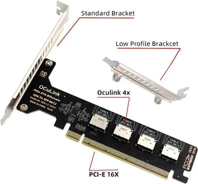 Alt view image 4 of 7 - PCIe 4.0 x16 to 4-Port OCuLink Adapter, SFF-8611/SFF-8612, VROC RAID0 for U.2 SSD & eGPU Dock