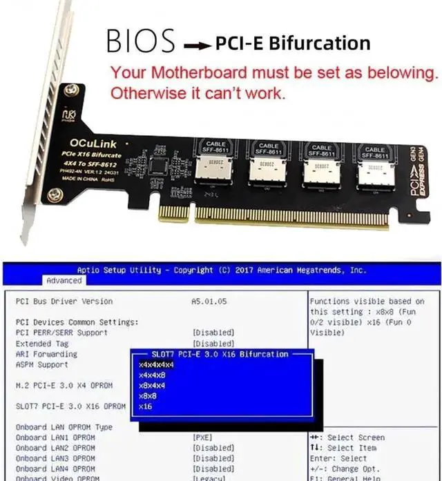 Alt view image 5 of 7 - PCIe 4.0 x16 to 4-Port OCuLink Adapter, SFF-8611/SFF-8612, VROC RAID0 for U.2 SSD & eGPU Dock