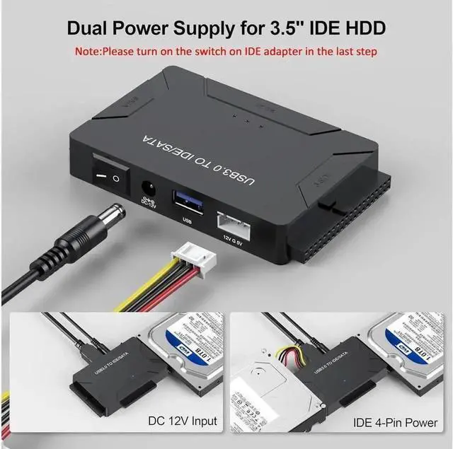 Alt view image 7 of 7 - IDE SATA to USB 3.0 Adapter, USB & Type-C External Hard Drive Converter with Power, for 2.5/3.5 HDD SSD & 5.25" DVD CD-ROM Drive