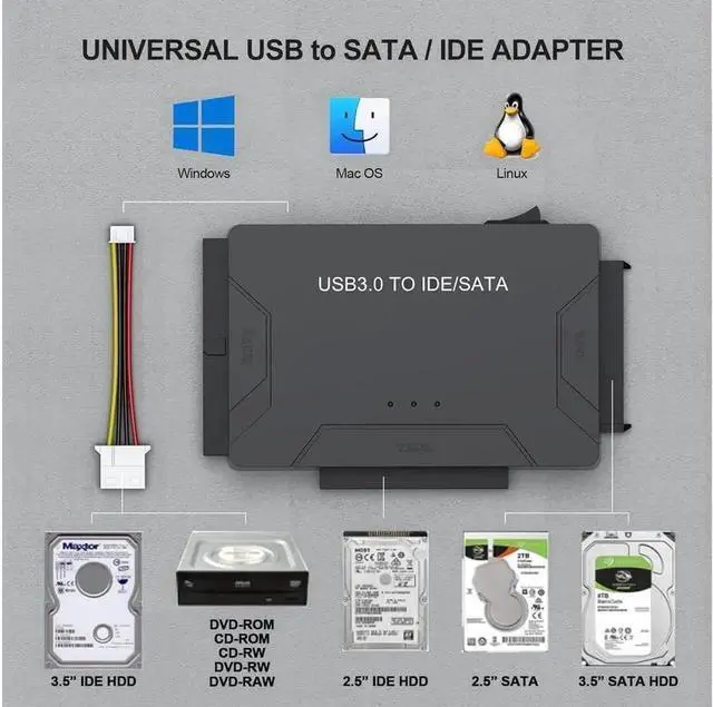 Alt view image 2 of 7 - IDE SATA to USB 3.0 Adapter, USB & Type-C External Hard Drive Converter with Power, for 2.5/3.5 HDD SSD & 5.25" DVD CD-ROM Drive