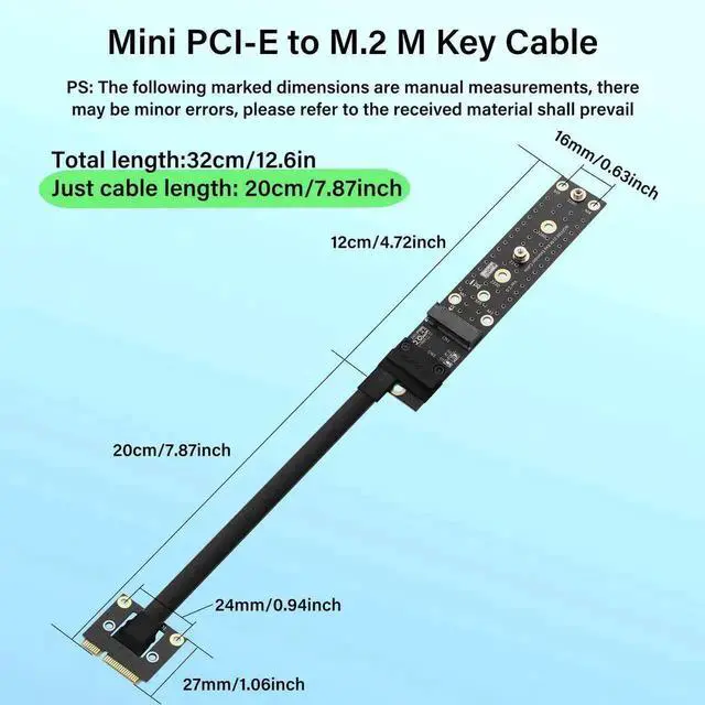 Alt view image 6 of 6 - Mini PCIe to NGFF M.2 M-Key Riser Cable, Male to Female NVMe SSD Extender Cord