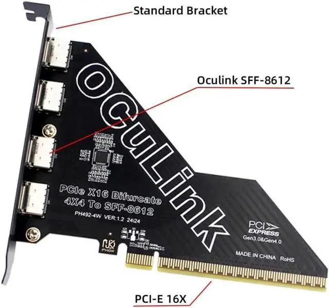 Alt view image 4 of 7 - PCIe 4.0 x16 to 4-Port OCuLink Adapter, SFF-8611/SFF-8612, VROC RAID 0 for U.2 SSD & eGPU Dock