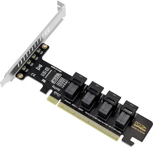 Main image of PH49 PCIe 4.0 x16 to 4-Port U.2 NVMe Expansion Card, SFF-8643/SFF-8639, PCIe Split Function, Full Height, for PCIe x4/x8/x16 Slots