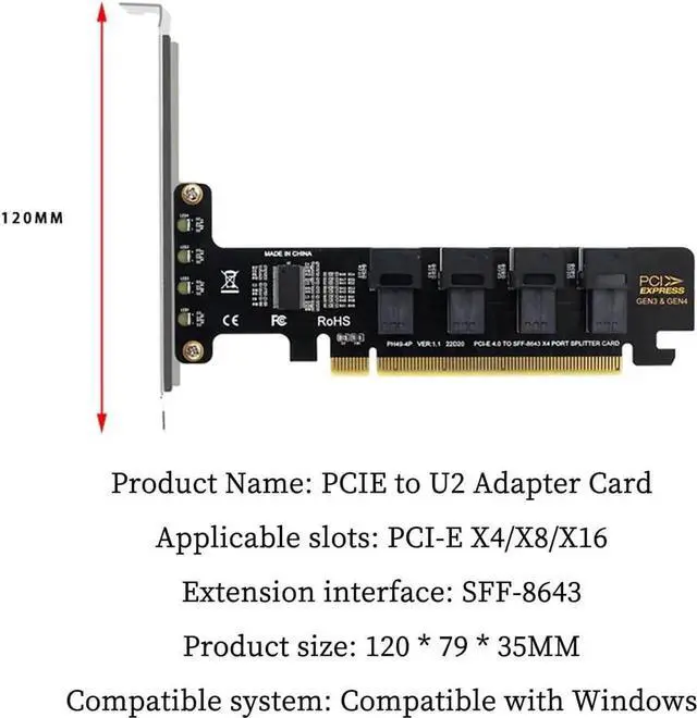 Alt view image 3 of 7 - PH49 PCIe 4.0 x16 to 4-Port U.2 NVMe Expansion Card, SFF-8643/SFF-8639, PCIe Split Function, Full Height, for PCIe x4/x8/x16 Slots