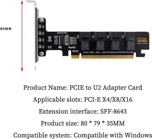 Alt view image 3 of 7 - PH49 PCIe 4.0 x16 to 4-Port U.2 NVMe Expansion Card, SFF-8643/SFF-8639, PCIe Split, Half Height, Fits PCIe x4/x8/x16 Slots