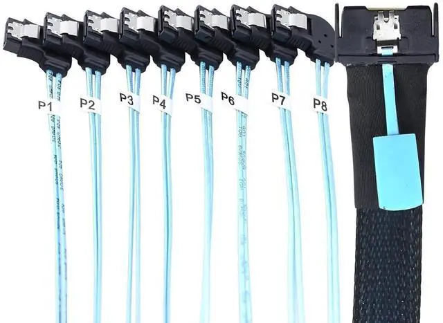 Main image of 0.8M Left Angle MCIO SFF-8654 8i to 8 x SATA 7P Cable, 32AWG Server Internal Converter Harness