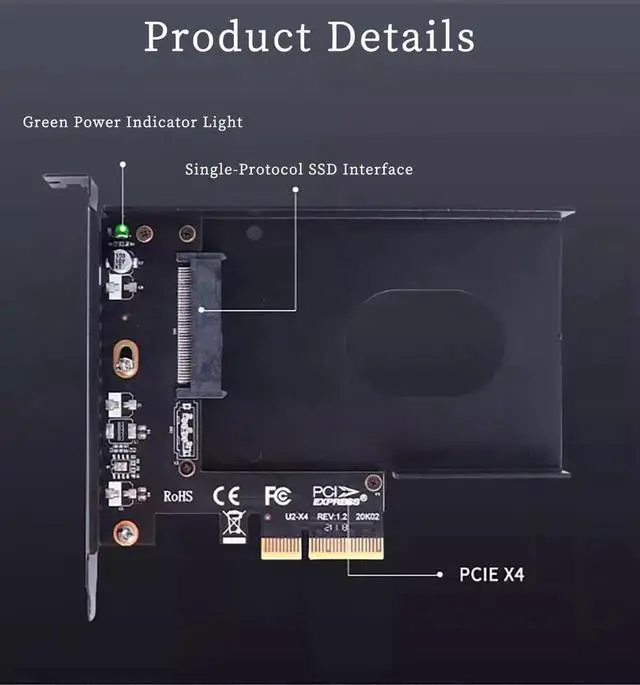 Alt view image 6 of 7 - PCIe 3.0 x4 to U.2 NVMe Adapter Card, 32Gbps Speed, Compatible with PCIe x4/x8/x16 Slots