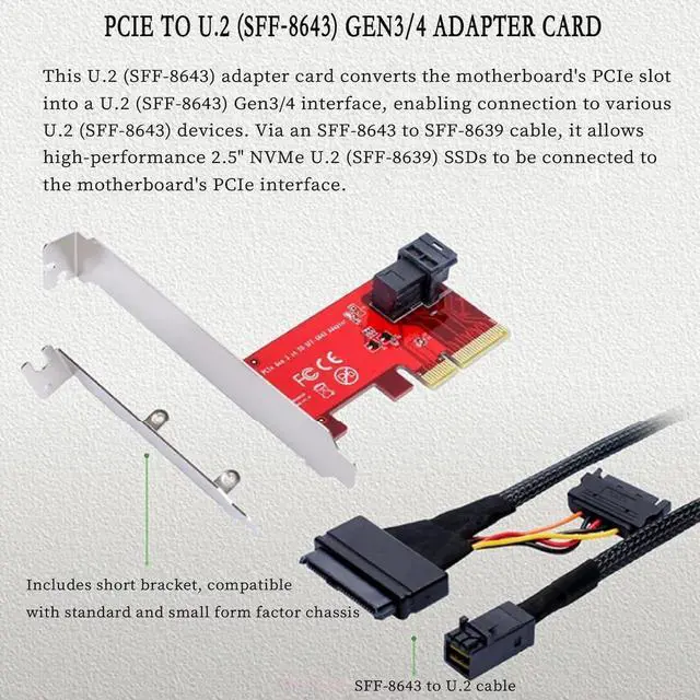 Alt view image 6 of 6 - PCIe 3.0 x4 to U.2 SFF-8643 NVMe Adapter Card, 32Gbps, for 2.5" SFF-8639 U.2 SSD