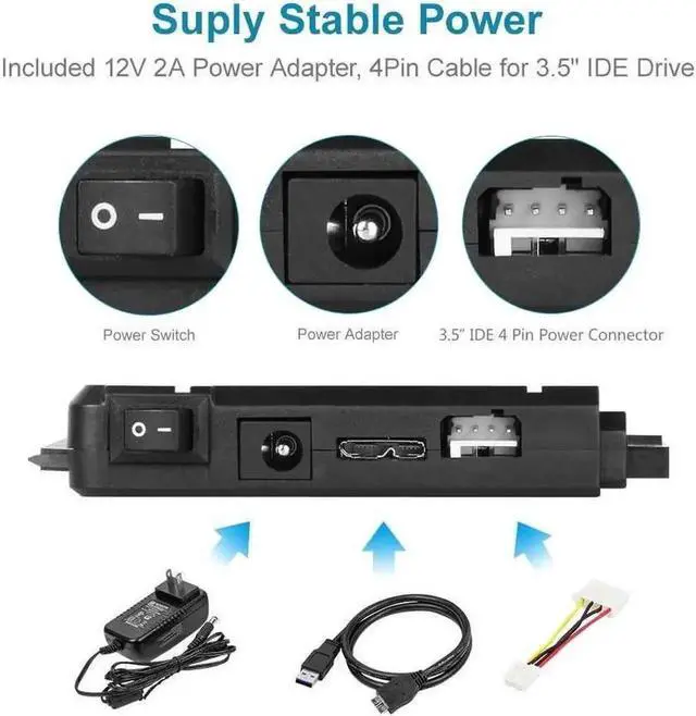 Alt view image 5 of 7 - Unitek USB 3.0 to IDE & SATA Hard Drive Adapter Kit, 5Gbps Converter for 2.5" / 3.5" HDD & SSD, One-Touch Backup, with 12V/2A Power Adapter