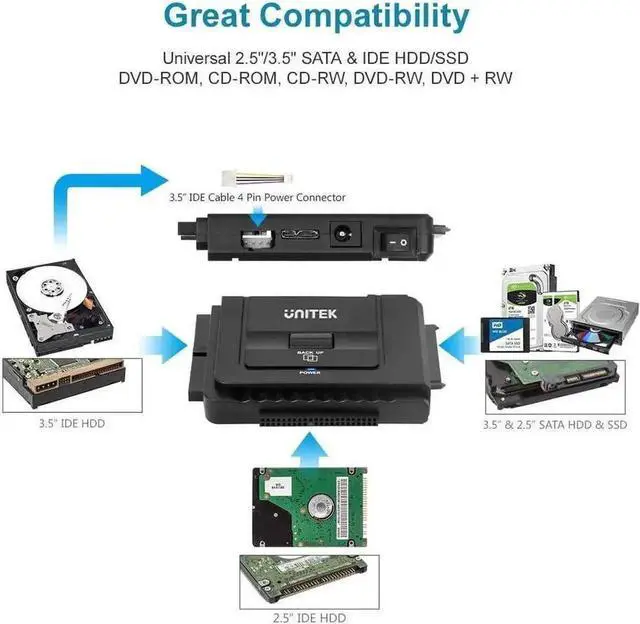 Alt view image 3 of 7 - Unitek USB 3.0 to IDE & SATA Hard Drive Adapter Kit, 5Gbps Converter for 2.5" / 3.5" HDD & SSD, One-Touch Backup, with 12V/2A Power Adapter
