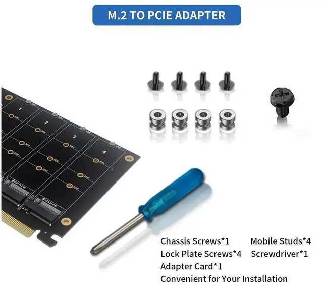 Alt view image 7 of 7 - ph44 4-Port M.2 NVMe to PCIe X16 Adapter Card, 4×32Gbps Host Controller Card for 2230/2242/2260/2280 SSDs, Driver-Free with Mounting Accessories