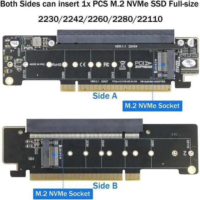 Alt view image 6 of 7 - PCIe 4.0 X16 to Dual M.2 NVMe + Extra PCIe X16 (x8 Signal) Adapter Card, Supports 2230/2242/2260/2280/22110 SSD, PCIe Bifurcation Required