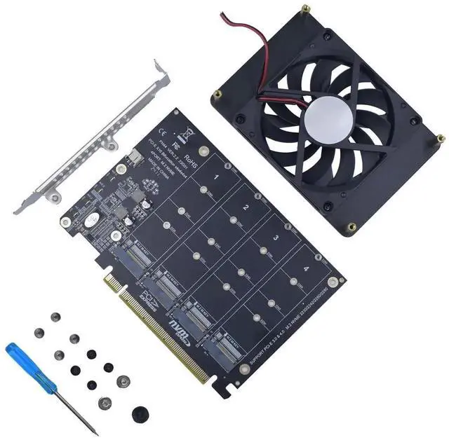 Alt view image 2 of 7 - PCIe 4.0 X16 4-Port M.2 NVMe Adapter Card, M-Key Expansion Card with Quiet DC Brushless Cooling Fan