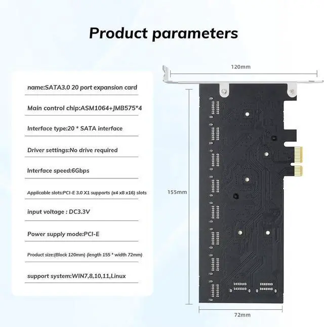 Main image of 20 Port PCIe to SATA 3.0 Expansion Card, 6Gbps Controller with Port Multiplier, Bootable for PC Workstation Server