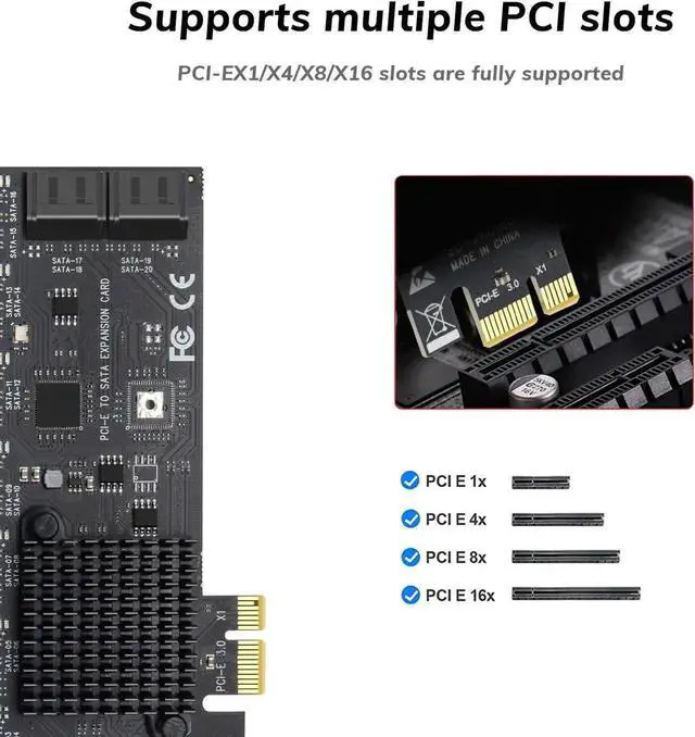 Alt view image 3 of 5 - 20 Port PCIe to SATA 3.0 Expansion Card, 6Gbps Controller with Port Multiplier, Bootable for PC Workstation Server