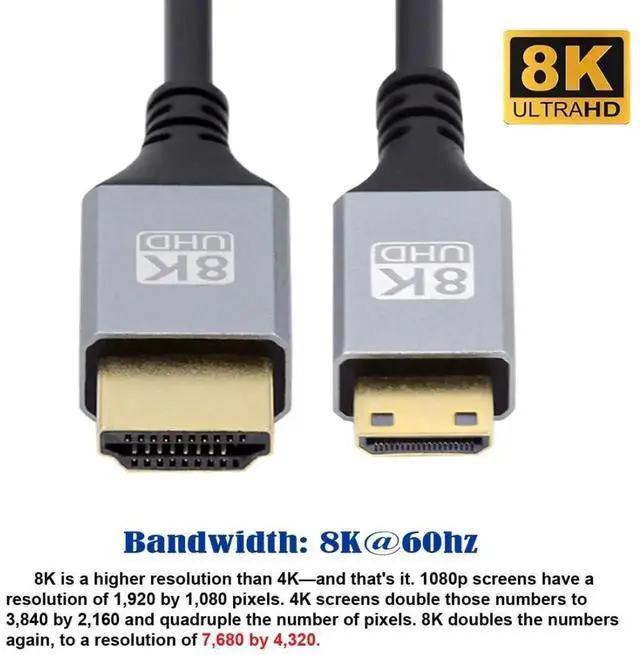 Alt view image 2 of 7 - 1.0M HDMI 2.1 Cable, HDMI Male to Mini HDMI Male, 8K@60Hz 4K@120Hz 48Gbps Gold-Plated Cord for TV, Monitor, Computer