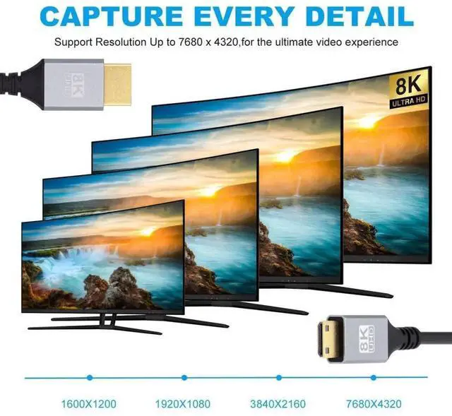 Alt view image 3 of 7 - 1.0M HDMI 2.1 Cable, HDMI Male to Mini HDMI Male, 8K@60Hz 4K@120Hz 48Gbps Gold-Plated Cord for TV, Monitor, Computer