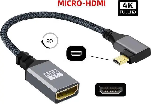 Alt view image 3 of 7 - 90 Degree Left Angled Micro HDMI 1.4 Male to HDMI Female Extension Cable, 4K HD Cable for Camera, DV, Laptop