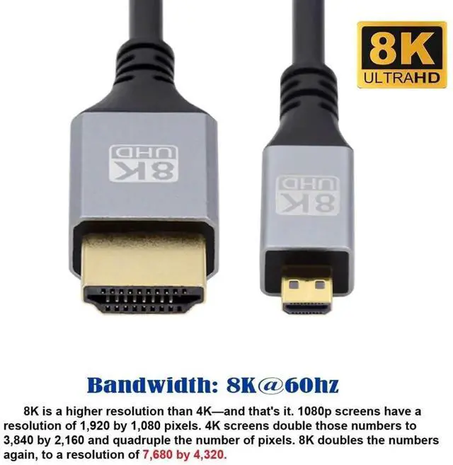 Alt view image 4 of 7 - 1.0M HDMI 2.1 Cable, HDMI Male to Micro HDMI Male, 8K@60Hz 4K@120Hz 48Gbps Gold-Plated Cable for TV Monitor Computer