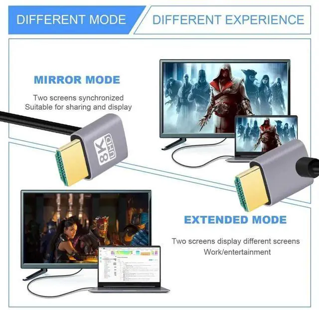 Alt view image 5 of 7 - 0.5M Dual Angle HDMI 2.1 Cable, 90° Up & 90° Down Male to Male, 8K@60Hz 4K@120Hz 48Gbps Gold-Plated Cord
