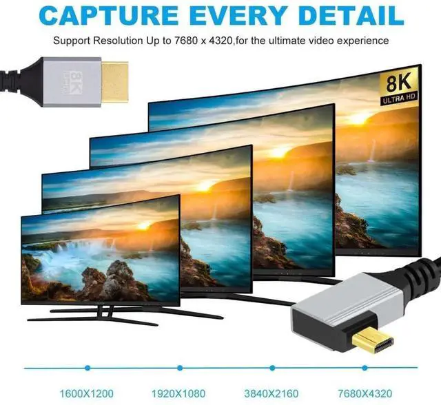 Alt view image 5 of 7 - 0.5M 90° Right Angled HDMI 2.1 Cable, Male to Micro HDMI Male, 8K@60Hz 4K@120Hz 48Gbps Gold-Plated Cord