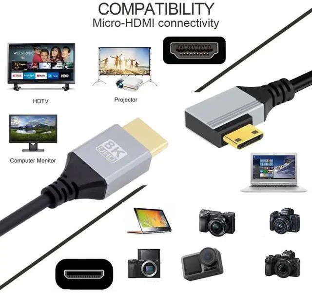 Alt view image 5 of 7 - 0.5M 90° Left Angled HDMI 2.1 Cable, Male to Mini HDMI Male, 8K@60Hz 4K@120Hz 48Gbps Gold-Plated Cord