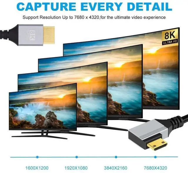 Alt view image 2 of 7 - 0.5M 90° Left Angled HDMI 2.1 Cable, Male to Mini HDMI Male, 8K@60Hz 4K@120Hz 48Gbps Gold-Plated Cord