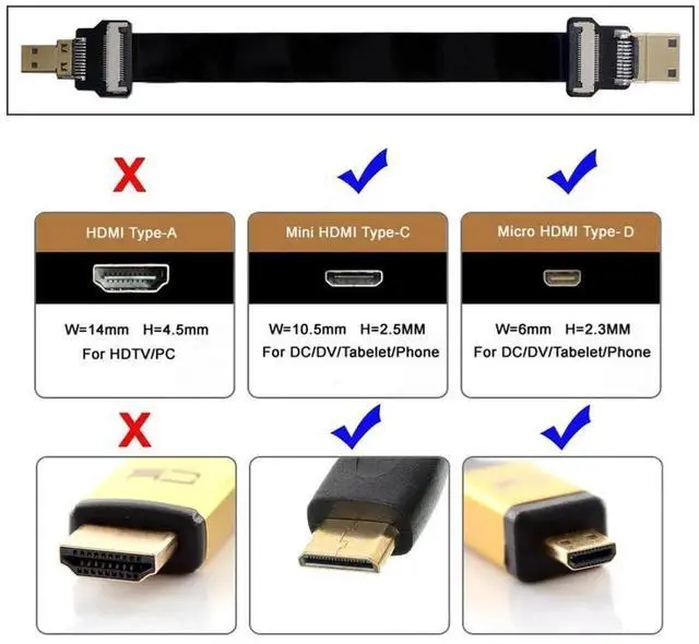 Alt view image 6 of 6 - 0.5M FPC Flat Micro HDMI to Mini HDMI Extension Cable, 1080P for FPV Multicopter Aerial Photography