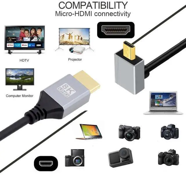 Alt view image 3 of 7 - 0.5M 90° Up Angled HDMI 2.1 Cable, Male to Micro HDMI Male, 8K@60Hz 4K@120Hz 48Gbps Gold-Plated Cord