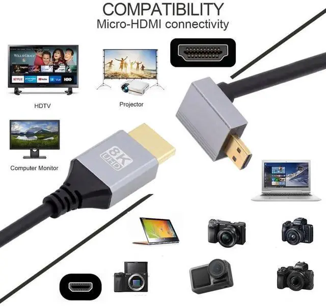 Alt view image 3 of 7 - 0.5M 90° Down Angled HDMI 2.1 Cable, Male to Micro HDMI Male, 8K@60Hz 4K@120Hz 48Gbps Gold-Plated Cord