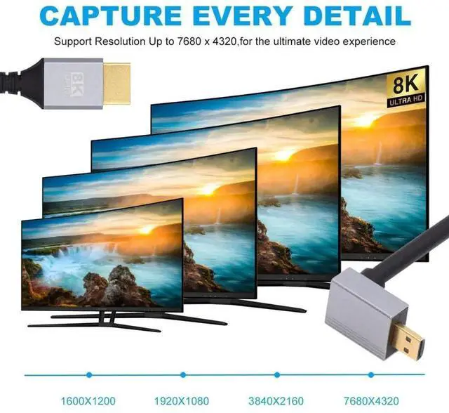 Alt view image 2 of 7 - 0.5M 90° Down Angled HDMI 2.1 Cable, Male to Micro HDMI Male, 8K@60Hz 4K@120Hz 48Gbps Gold-Plated Cord