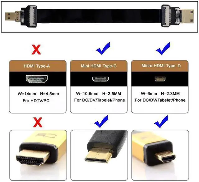 Alt view image 2 of 6 - 0.2M FPC Flat Micro HDMI to Mini HDMI Extension Cable, 1080P for FPV Multicopter Aerial Photography