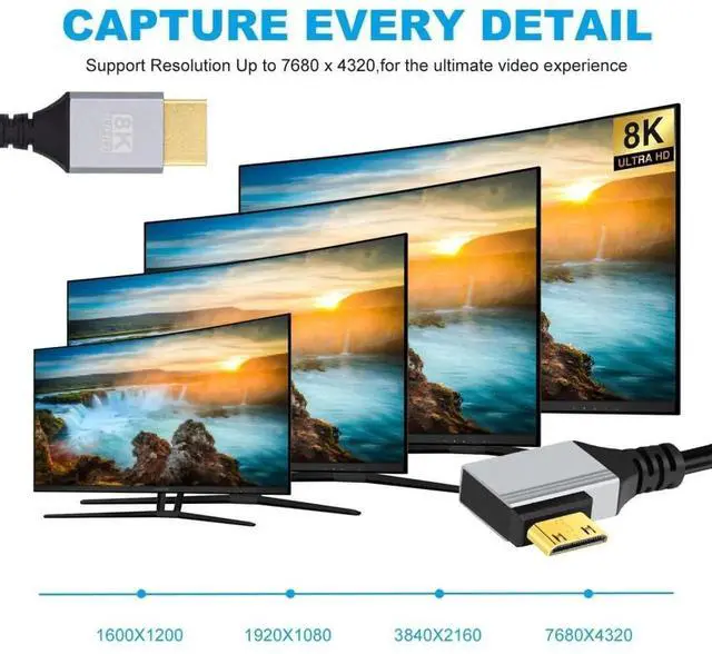 Alt view image 3 of 7 - 0.5M/1.64FT 90° Right Angle HDMI 2.1 Cable, Male to Mini Male, 8K@60Hz 4K@120Hz 48Gbps Gold-Plated Cord for TV, Monitor & Computer