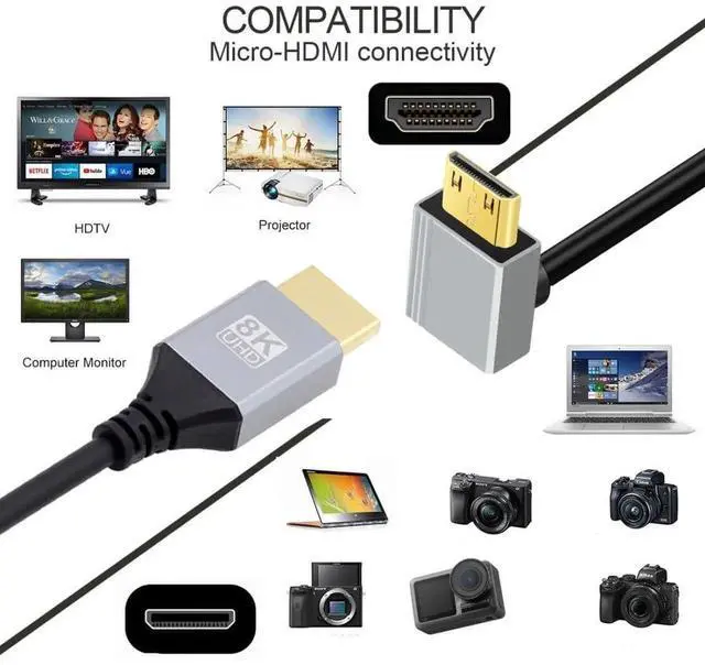 Alt view image 7 of 7 - 0.5M/1.64FT 90° Up Angle HDMI 2.1 Cable, HDMI Male to Mini HDMI Male, 8K@60Hz 4K@120Hz 48Gbps Gold-Plated Cord for TV, Monitor & Computer
