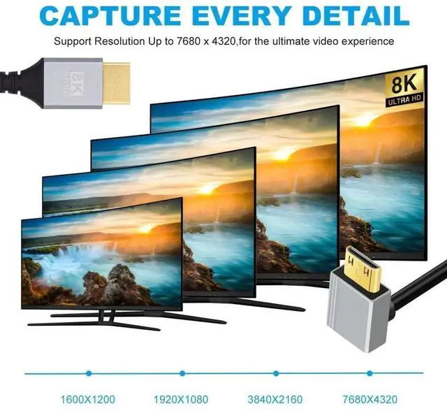 Alt view image 5 of 7 - 0.5M/1.64FT 90° Up Angle HDMI 2.1 Cable, HDMI Male to Mini HDMI Male, 8K@60Hz 4K@120Hz 48Gbps Gold-Plated Cord for TV, Monitor & Computer