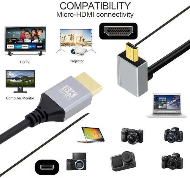 Alt view image 4 of 7 - 50cm 90° Up Angled Ultra Thin Micro HDMI 2.1 Cable, Type-A to Type-D, 8K 4K Super Flexible Slim Cord for Camera & HDTV