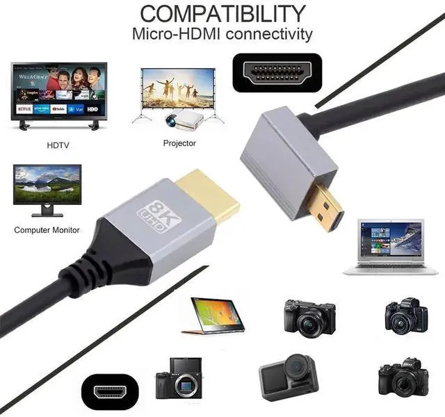 Alt view image 3 of 7 - 50cm 90° Down Angled Ultra Thin Micro HDMI 2.1 Cable, Type-A to Type-D, 8K 4K Super Flexible Cord for Camera and HDTV