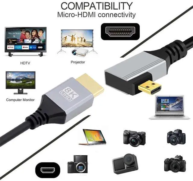 Alt view image 2 of 7 - 50cm 90° Left Angled Ultra Thin Micro HDMI 2.1 Cable, Type-A to Type-D, 8K 4K Super Flexible Slim Cord for Camera & HDTV