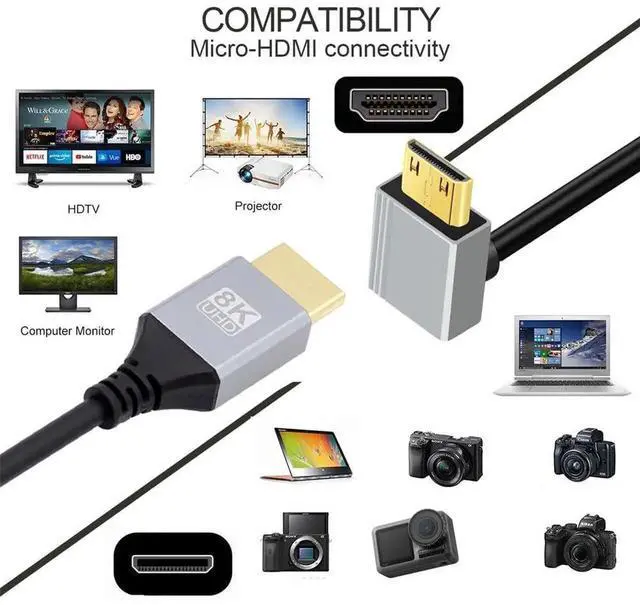 Alt view image 3 of 7 - 50cm 90° Up Angled Ultra Thin Mini HDMI 2.1 Cable, Type-A to Type-C, 8K 4K Flexible Slim Cord for Camera & HDTV