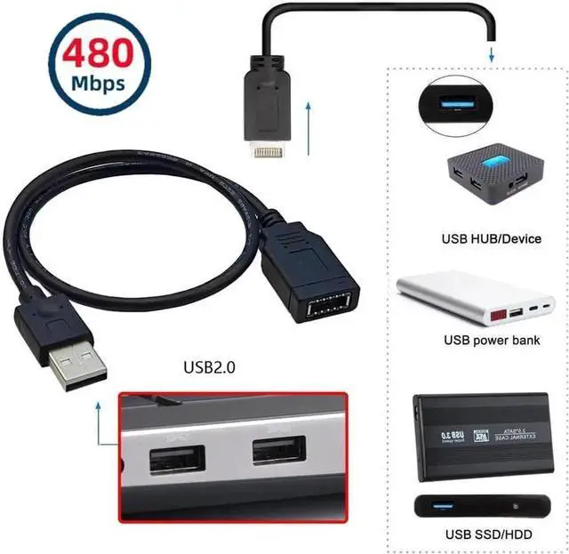 Alt view image 2 of 7 - 1.31FT USB 2.0 Male to USB 3.1 Type E Key-A Female Cable, Front Panel to Motherboard Header Extension Cord