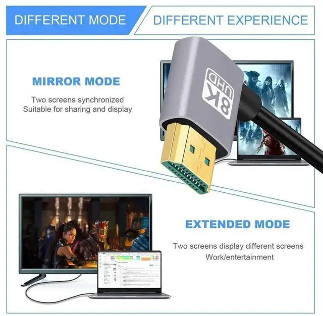 Alt view image 3 of 7 - 0.5M Dual 90° Right Angled HDMI 2.1 Cable, Male to Male, 8K@60Hz 4K@120Hz 48Gbps Gold-Plated Cord for TV, Monitor & Computer