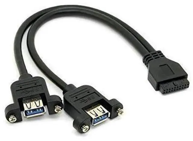 Main image of USB 3.0 Dual A Female Cable with Screw Mount, 20Pin to Motherboard Header Cord, Black